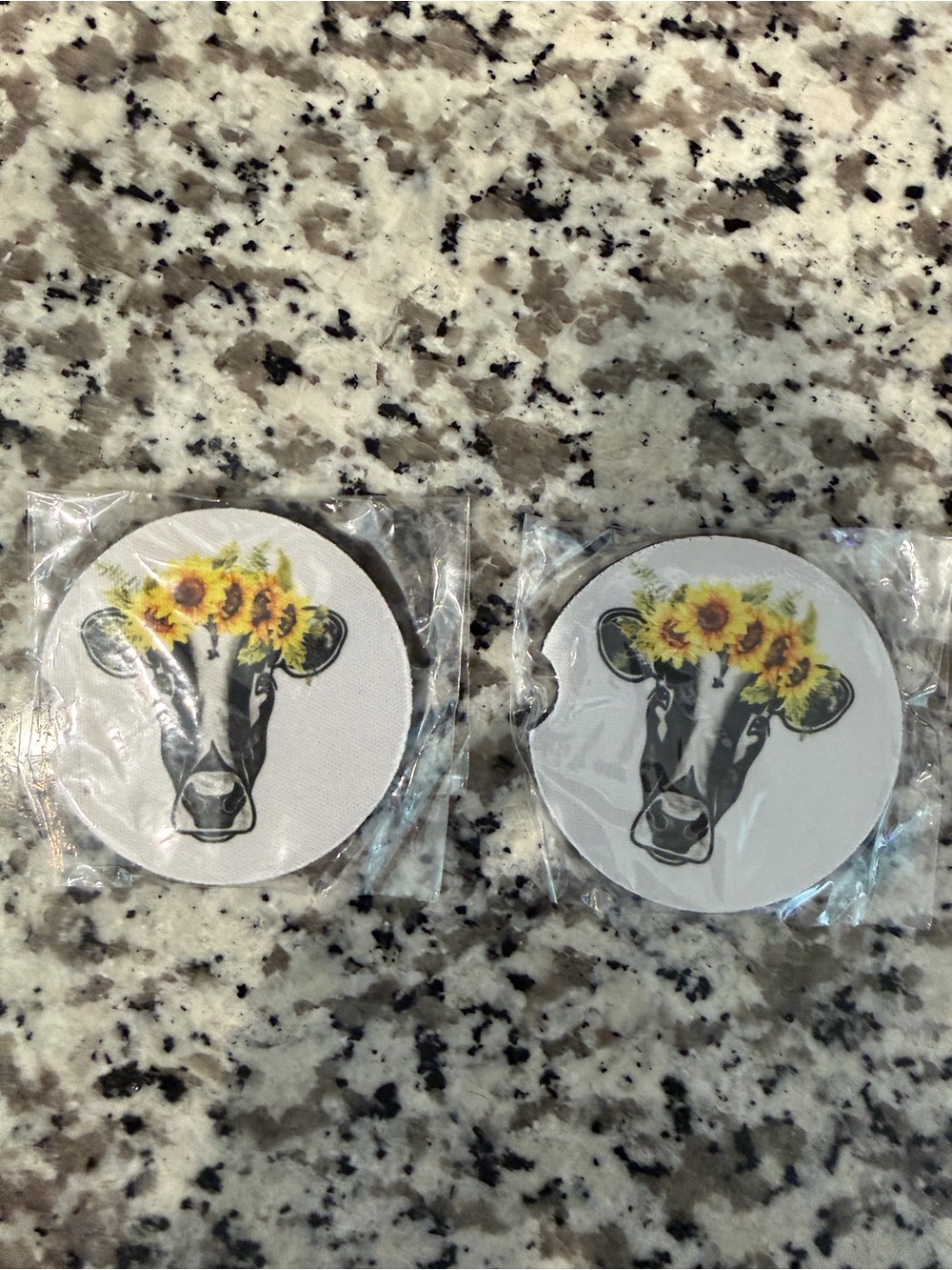 Cow with Sunflower Crown Round Car Coasters - Set of 2